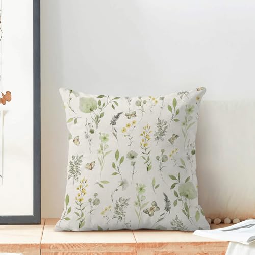 AEIOAE Spring Pillow Covers 16x16 Inch Set of 2, Sage Green Yellow Wild Flower Throw Pillows Case,Colorful Seasonal Floral Plant Outdoor Decorative Farmhouse Decor Cushion Covers for Sofa Bed Couch - color: Sage Green Yellow Flowers, size: 16" x 16" (Pack