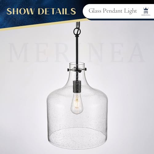 12" Black Seeded Glass Pendant Light, Modern Hand-Blown Bubble Glass Hanging Ceiling Light Fixture for Kitchen Island, Dining Room, Hallway, Farmhouse Entryway, E26 Dimmable Pendant Lighting - color: Chain Black-Seeded Glass