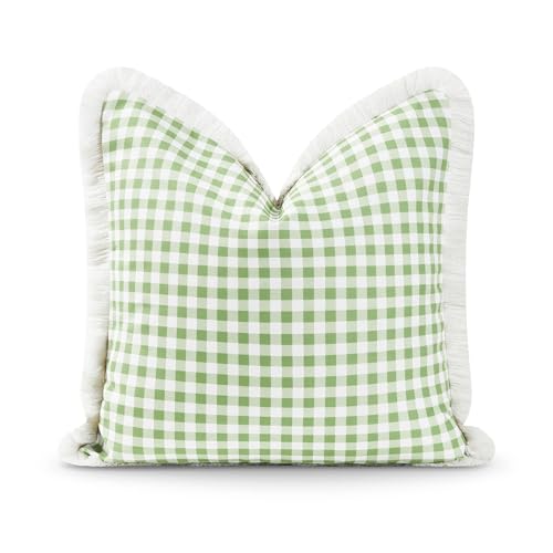 Hofdeco Premium Coastal Patio Indoor Outdoor Pillow Cover Only, 20"x20" Water Resistant for Backyard, Couch, Green Gingham Fringe - color: Green Plaid 20"x20", size: 20" x 20" (Pack of 1)