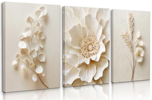 3 Pcs Neutral Beige Botanical Wall art Modern Minimalist Florals Wall Decor White Neutral Botanical Posters Prints Beige Bloom Florals Textured Paintings Vintage Blossom Pictures(16x24in Canvas) - color: Canvas-Beige, size: 16L" x 24W"