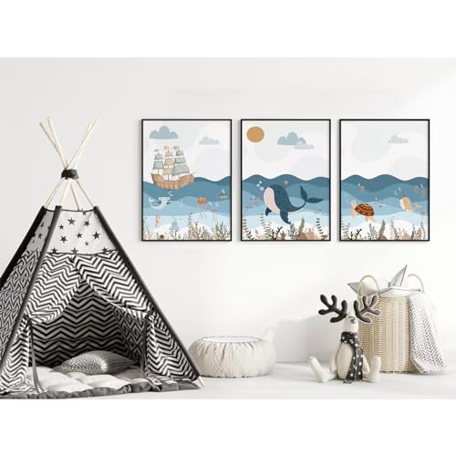 Ocean Nursery Wall Art Pictures Blue Nautical Canvas Art Beach Animal Wall Decor Baby Boys Room Wall Art Sea Whale Prints Ocean Nautical Poster for Nursery Baby Room 12x16 Inch Set of 3 Unframed - color: Ocean Nursery Prints, size: 12x16 Inch Unframed