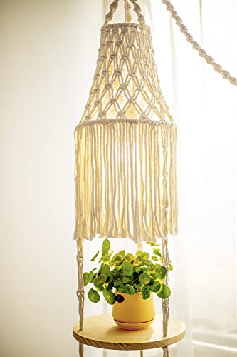 YKBU Macrame Plant Hanger Shelf Hanging Rope Shelf Indoor with Boho Lamp Shade 3 Tier Floating Round Shelves Decorative Shelf Flower Pot Holder Planter Display Rack Boho Home Decor-1 Set - color: Cream