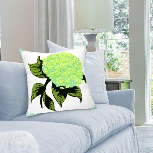 Alysheer Spring Hydrangea Embroidered Decorative Throw Pillow Covers 18"x 18" Set of 2, Summer Floral Tufted Patterned Green Cotton Cushion Cases for Couch Bed Living Room Decor - color: Hydrangea Green, size: 18" x 18" (Pack of 2)