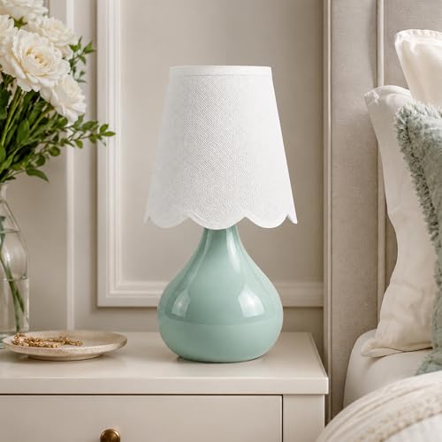 14" Cordless Table Lamp, Rechargeable Ceramic Bedside Lamp with Magnetic LED Bulb, Stepless Dimmable & 3 Colors, Battery Operated Aesthetic Lamp for Bedroom, Living Room, Patio (Green)