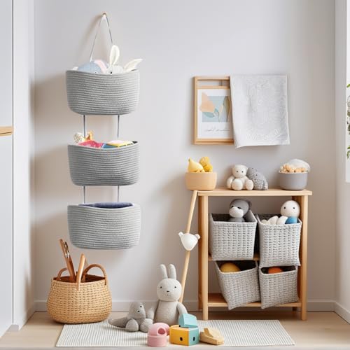 Gray 3-Tier Woven Cotton Rope Hanging Basket, Over the Door Organizer, Adjustable Detachable Wall Basket with Metal & Adhesive Hooks, No Drilling for Apartment, Rental, Dorm & Small Space - style: Grey