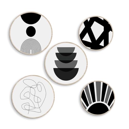5 Pcs Black and White Wooden Wall Art Abstract Boho Hanging Decor for Apartment Bedroom Living Room Dining Room Farmhouse Home - color: Black and White