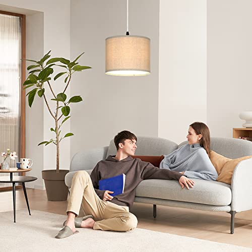 CINSARY Plug in Pendant Light, Hanging Light with Plug in Cord with Dimmable Switch, Hanging Lamp with 15 ft Clear Cord, Linen Pendant Light Fixture for Bedroom (Bulb Included) - color: Beige