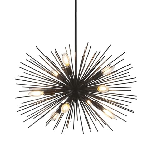 24in Black Sputnik Chandelier Mid Century Modern 9-Lights Starburst Chandelier Solid Metal Firework Urchin Satellite Chandeliers for Dining Room, Kitchen, Bedroom, Living Room, Foyer, E12 - color: Black 24" 9-Light Hanging Rod