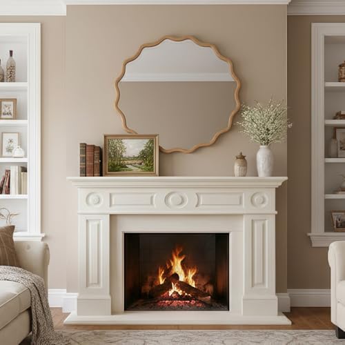 36" Wavy Round Wall Mirror with Solid Wood Frame, Country Irregular Decorative Mirror for Bathroom, Bedroom, Living Room & Entryway, HD Tempered Glass, No Distortion Vanity Mirror (Natural Wood,36“) - color: Natural, size: 36"L x 36"W