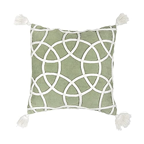 carol & frank Lily Sage Geometric Accent Throw Pillow w/White Tassel Fringe 18" x 18" All Seasons Springtime Spring Home Living Room Sofa Couch Chair Bed Bedroom Premium Luxury Decor Decoration 18" x
