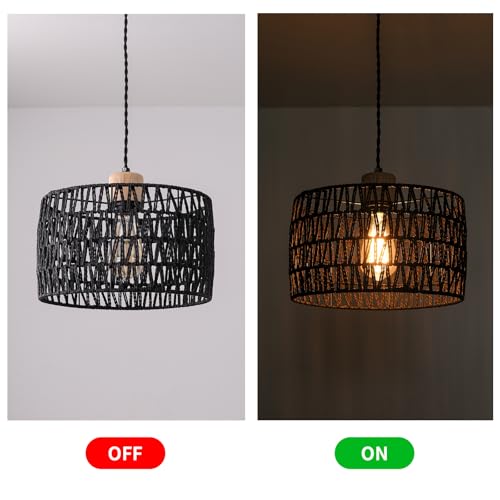 Plug in Pendant Light with Hand Woven Rattan Lampshade, Hanging Lamp with 15 FT Rope Cord On/Off Switch, Boho Pendant Light Fixture for Living Room Bedroom Kitchen Island Dinning Table - color: Black