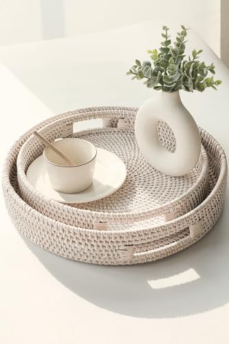 HITOMEN Hand-Woven Round Rattan Serving Tray Decorative Ottoman Wicker Platter with Handles for Coffee Table, Breakfast, Drinks, Snack, Bread, Fruit, Vegetables (Whitewash Set of 2: M+L) - color: Whitewash, size: Medium (11.8 inches)/Large (14.2 inches)