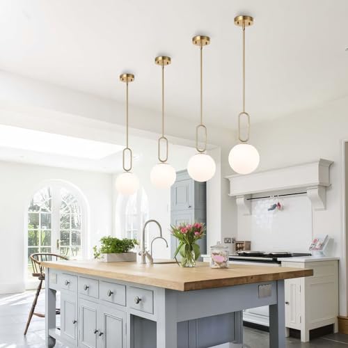 Modern Gold Globe Pendant Light White Globe Glass Shade Brushed Brass Finished Adjustable Rods Hanging Light Fixtures for Kitchen Island Living Room - color: Gold 1 Pack-Adjustable Rods