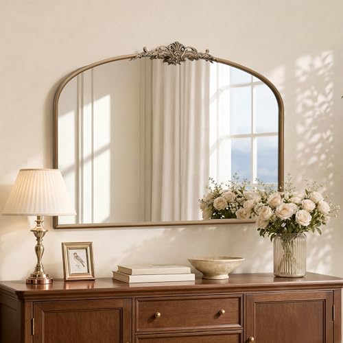 Besdomus Vintage Arched Gold Mirror: 40"x29" French Large Brass Antique Wall Vanity Mirror - Decorative Baroque Traditional Ornate for Entryway/Fireplace/Bathroom/Bedroom - Ideal for Home Renovations - color: Brass Gold, size: 29"L x 40"W