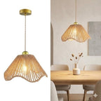 Boho Rattan Pendant Light, Shell-Shaped Boho Ceiling Lamp with Adjustable Height, E26 Lamp, Gold Finish, 12 Inch Diameter for Living Room/Bedroom/Dining Areas, cafes & entryways - color: 12” Flower shape