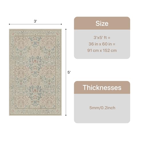 Bavni 3x5 Area Rugs for Living Room, Floral Rug Machine Washable Non Slip, Vintage Boho Forest Carpet, Soft Low Pile Thin Lightweight Rugs for Bedroom, Farmhouse, Dining Room Office, Beige Pink - color: Beige Pink, size: 3' x 5' (Rectangular)