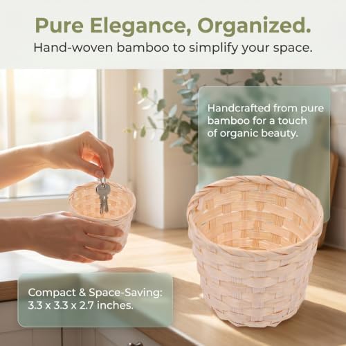 Bamboo Woven Storage Basket Set of 4 Small Decorative Sundries Organizer Baskets for Home Desktop Plant Holder and Room Decor