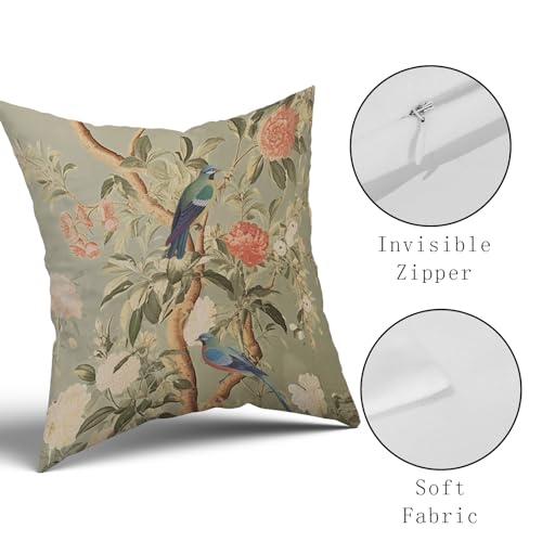 Chinoiserie Pillow Cover 16x16 Inch Brown Vintage Bird Flower Throw Pillow Covers Farmhouse Floral Decorative Pillowcase Outdoor Cotton Square Cushion Cover for Couch Sofa Bedroom Decor (Pack of 2) - color: Brown, size: 16" x 16" (Pack of 2)
