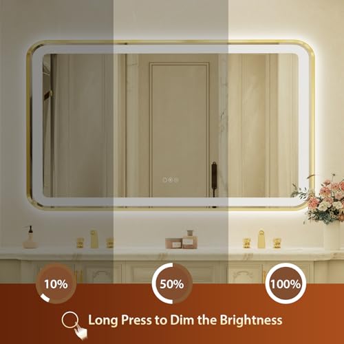 36x60 Inch LED Bathroom Mirror with Gold Frame,Front and Backlit Vanity Mirror, Stepless Dimmable Wall Mirrors with Anti-Fog, 3 Colors, Memory, Waterproof, LED Smart Bathroom Mirror - color: Gold, size: 36"L x 60"W