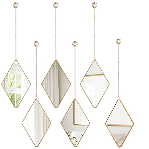 Suzile 6 Pcs Diamond Wall Mirror Set with Chain Hanging with Diamond Handle Frame Decorative Chain Mirror for Home Entryways Living Room Bathroom Farmhouse Wall Decor(Gold)