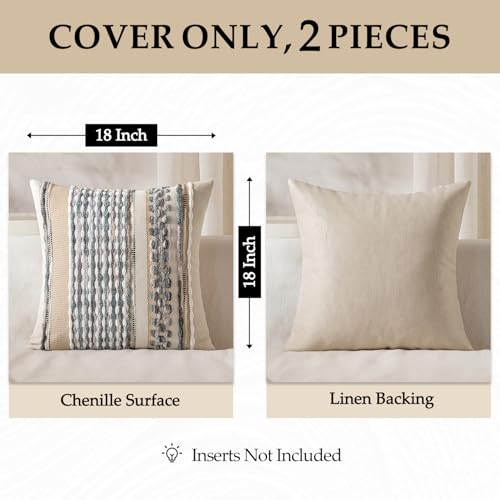 ANRODUO Pack of 2 Boho Decorative Throw Pillow Covers 26x26 Farmhouse Cushion Case Striped Chenille Pillow Cases Square Pillow Covers Accent Neutral Pillowcase for Sofa Couch Bed, Gray Blue Stripe - color: Gray Blue Stripe, size: 26" x 26" (Pack of 2)