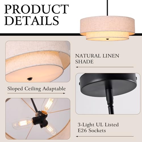 Black Modern Chandelier 18'' Drum Pendant Light with Fabric Lampshade Hanging Light Fixture 3-Light Farmhouse Chandeliers for Dining Room Bedroom Kitchen Hallway Foyer - color: 18" Fabric Black
