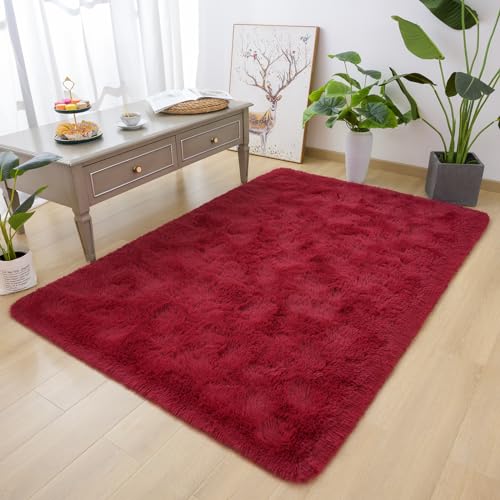 DETUM Red Living Room Rug 5X8 Area Rug Wine Red Christmas Rugs for Bedroom Master Room Dining Dorm Kids Room Machine Washable Nonslip Carpets Soft and Fluffy Modern Home Decoration - color: Burgundy, size: 5 x 8 Feet