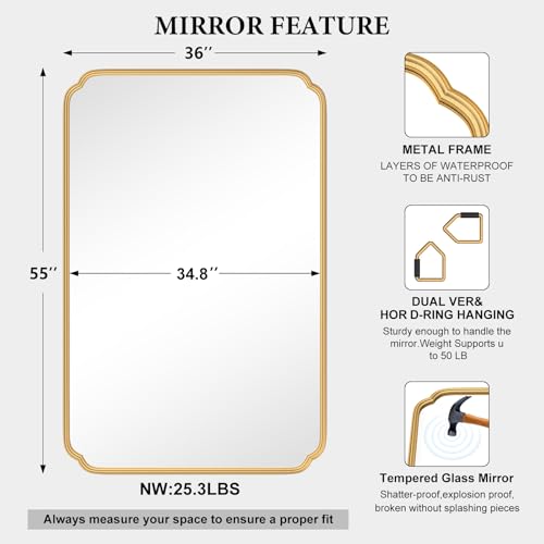 Ferytange 55X36 Inch Gold Metal Framed Bathroom Mirror for Wall, Large Rounded Rectangle Bathroom Vanity Mirror Farmhouse, Anti-Rust, Tempered Glass, Hangs Horizontally or Vertically - color: Gold, size: 55"L x 36"W