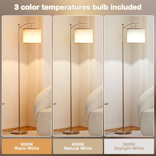 Ambimall 60" Floor Lamp for Living Room with 3 Color Temperatures, Adjustable Beige Shade with Brown Pole, Tall Lamp for Bedroom Office Classroom Dorm Room, 9W Bulb Included - color: Brown & Beige