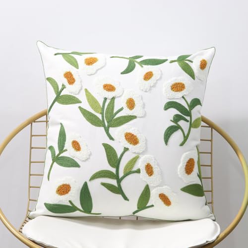 Pack of 2 Embroidered Decorative Throw Pillow Cover 18x18 Inch Farmhouse Floral Pillowcase for Living Room Sofa Bed (White Glass Flower) - color: White Glass Flower