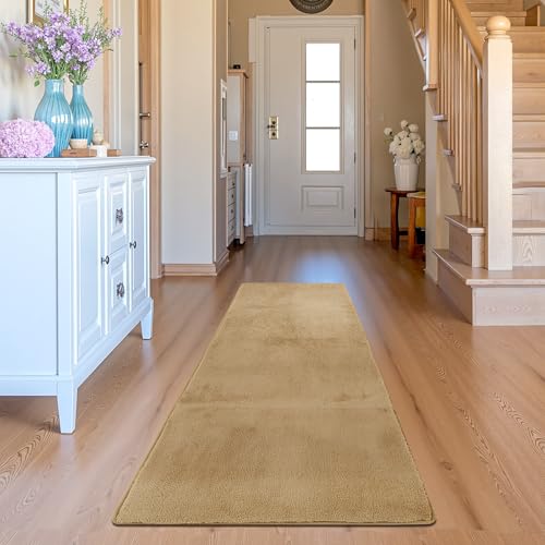 jinchan Solid Plush Runner Rug 2x6 Performance Shaggy Washable Hallway Rug Soft Modern Faux Wool Cozy Non Slip Carpet for Bedroom Laundry Room Living Room Kids Nursery Tan - color: Solid Tan, size: 2' x 6' (Runner)