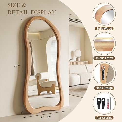 Large Solid Wood Irregular Mirror, 67"x31.5" Organic Floor Mirror with Wooden Frame, Asymmetrical Full Length Mirrors for Entryway Hallway Bedroom Living Room, Leaning/Wall-Mounted - color: Natural Wood Frame, size: 67"L x 31.5"W
