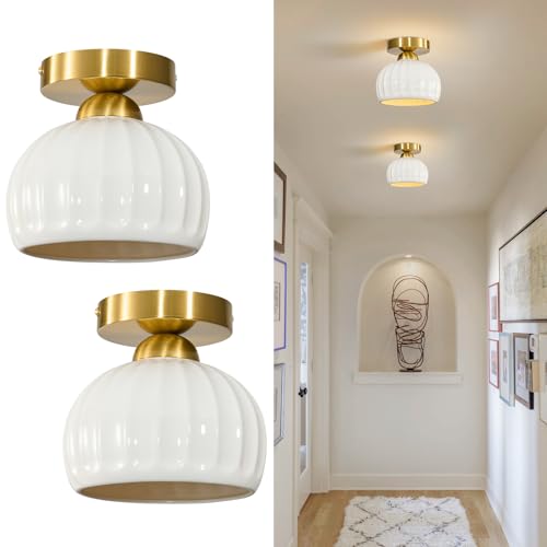 Glaze Ceramic Semi Flush Mount Ceiling Light - 2 Pack, Vintage Gold Hallway Light Fixtures, Milk White Globe Ceiling Lights, Mid Century Small Light Fixture for Cottage Entryway Laundry Room Foyer - color: Glaze Ceramic-Gold