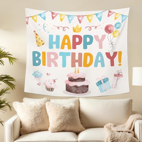 MNASAIOO Happy Birthday Wall Tapestry Hanging, Colorful Kids Banner Tapestries, Nursery Wall Decor for Girls Boys Baby Shower Party Playroom Dorm Bedroom 50x60in