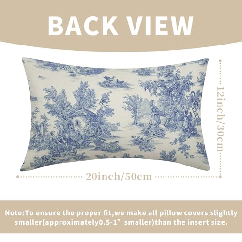Blue Toile Pillow Covers 12x20 Inch Set of 2 Navy Blue and Beige French Country Cotton Linen Decorative Throw Pillow Case Cottage Vintage Cushion Cover for Bedroom Sofa Living Room Chair Home Decor - color: French Country Blue, size: 20" x 12" (Pack of 2)