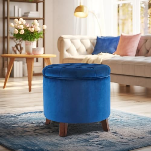 BELLEZE Modern Tufted Accent Storage Ottoman, Small Upholstered Button Circle Pouf Footstool with Lift Top, for Bedroom Living Room Vanity - Navy Blue - color: Navy Blue