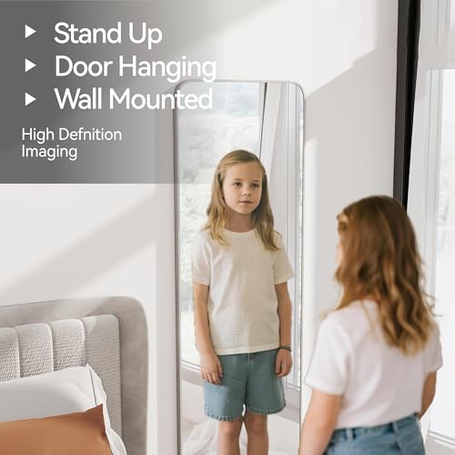 SCWF-GZ 57x20 Full Length Mirror Over The Door Hanging, Floor Stand/Wall Mounted Aluminum Alloy Frame Dressing Mirror for Bedroom Living Room 57 inch Silver - color: Silver, size: 57"L x 20"W