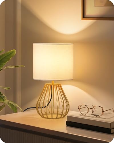 Gold Table Lamp, Small Gold Bedside Lamp with Metal Base & White Linen Lampshade, Modern Nightstand Lamp, Little Cute Desk Lamp for Bedroom, Living Room, 2700K LED Bulb Included, DCW06TL05 - color: White + Gold