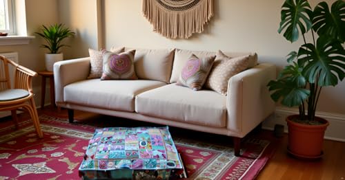 CRAFT KALA Indian Square Patchwork Traditional Pouf Cover Indian Living Room Poufs Decorative Embroidered Designer Ottoman Home Living Footstool Chair Cover Decor Pillow Cover 35 inches, Sky Blue - color: Sky Blue, size: 35"D x 35"W x 5"H