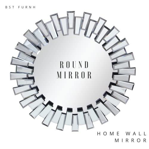 BST FURNH Round Mirror Wall Decor 24 Inches Decorative Wall Mirror with Irregular Framed and Beveled Edge Mirrors for Wall Silver Large Wall Mirror Frameless Mirrors - color: 3d Mirror