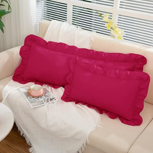Hot Pink Ruffle Lumbar Pillow Cover 12x20 Inch, Ruffled Cushion Case Covers for Couch Sofa Bed Living Room, Decorative Farmhouse Throw Pillow Cover, Pack of 1 - color: Hot Pink, size: 20" x 12" (Pack of 1)