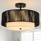 SineRise 16'' Rattan Flush Mount Ceiling Light Fixture,2-Tier Drum Hand-Woven Boho Flush Mount Ceiling Light,Farmhouse Light Fixture for Living Room,Kitchen,Bedroom Foyer Entryway ect.（Black） - color: Black, size: Large Ceiling