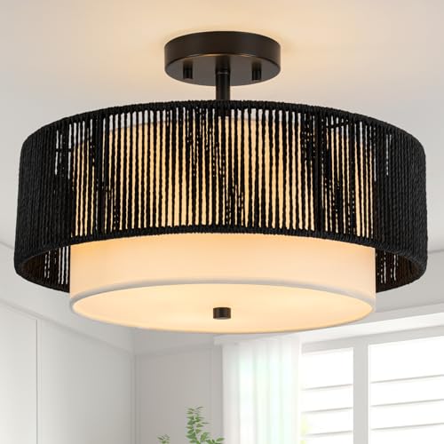 SineRise 16'' Rattan Flush Mount Ceiling Light Fixture,2-Tier Drum Hand-Woven Boho Flush Mount Ceiling Light,Farmhouse Light Fixture for Living Room,Kitchen,Bedroom Foyer Entryway ect.（Black） - color: Black, size: Large Ceiling