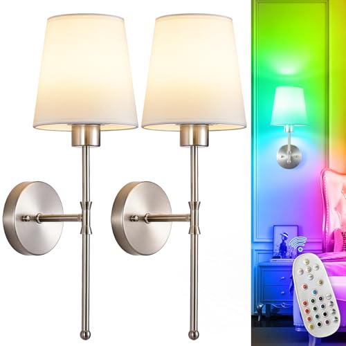 Depuley Battery Operated Wall Sconce: Set of 2 Wireless Wall Lights with Remote for Bedroom - Rechargeable 15 Colors 19.9" Wall Lamp for Living Room Hallway Decor - color: Brushed Nickel, size: 19.9 Inch Set of 2