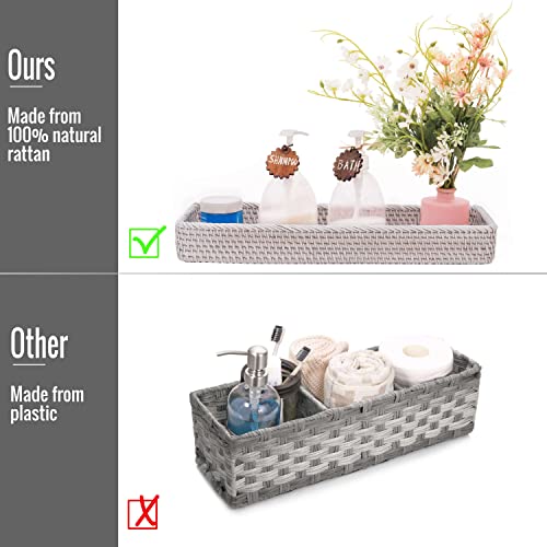 Rattan Toilet Tank Basket Guest Towel Napkin Woven Holder for Serving Organizing Bread Shelves Bathroom Counter Organizers and Storage Decorative Wicker Tray (17 x 6 x 2 inches, White Wash)