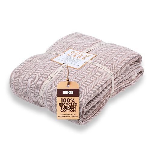Gold Case Throw Blanket for Bed - 100% Recycled Turkish Cotton Blanket - Vintage Lightweight Soft Throw Blankets for Bed & Living Room - Twin Size Cozy Blankets - 71x90 - Beige - color: Vintage Beige, size: 71x90"