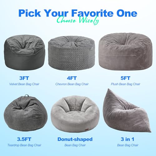 Hobestluk 3 in 1 Bean Bag Chair Giant Bean Bag Chairs for Adults with Chevron Plush Fur Cover Convertible Bean Bag Floor Cushion with Machine Washable Cover for Living Room (Plush Grey) - color: Soft Grey