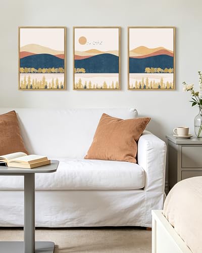 KUVIOKE Bohemain Mountain Landscape Framed Wall Art Watercolor Nature Artwork Painting Boho Farmhouse Rustic Home Decor 12x16in (Natural Framed) - color: Mountain and Laker, size: 12 x 16in x 3 Panels Natural