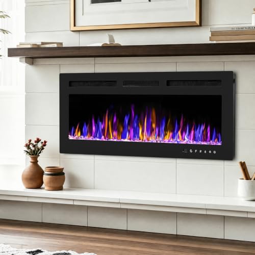 BETELNUT 50" Electric Fireplace Wall Mounted and Recessed with Remote Control, 750/1500W Ultra-Thin Wall Fireplace Heater W/Timer Adjustable Flame Color and Brightness, Log Set & Crystal Options - size: 50 Inch