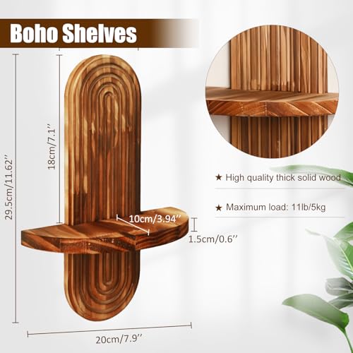 Artilady 2 Pack Floating Shelves for Wall Decor Boho Wood Shelf Plant Holder Trinket Storage Rack Rainbow Arch Home Decor for Bedroom Living Room Office Apartment - color: 1 Dark Brown